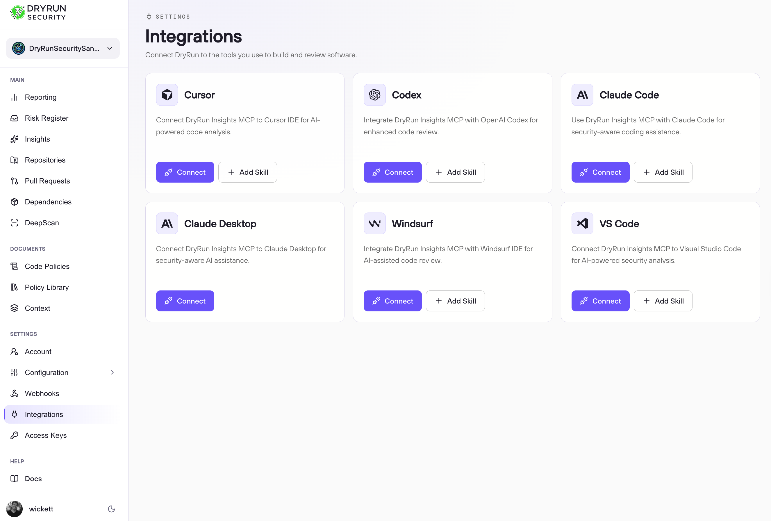 DryRun Security integrations for Cursor, Codex, Claude Code, Claude Desktop, Windsurf and VS Code through DryRun Insights MCP.