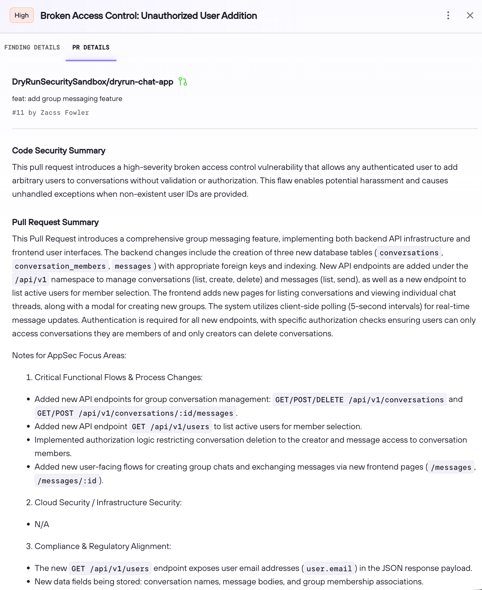DryRun Security code security summary beside the full change summary for a group messaging feature.