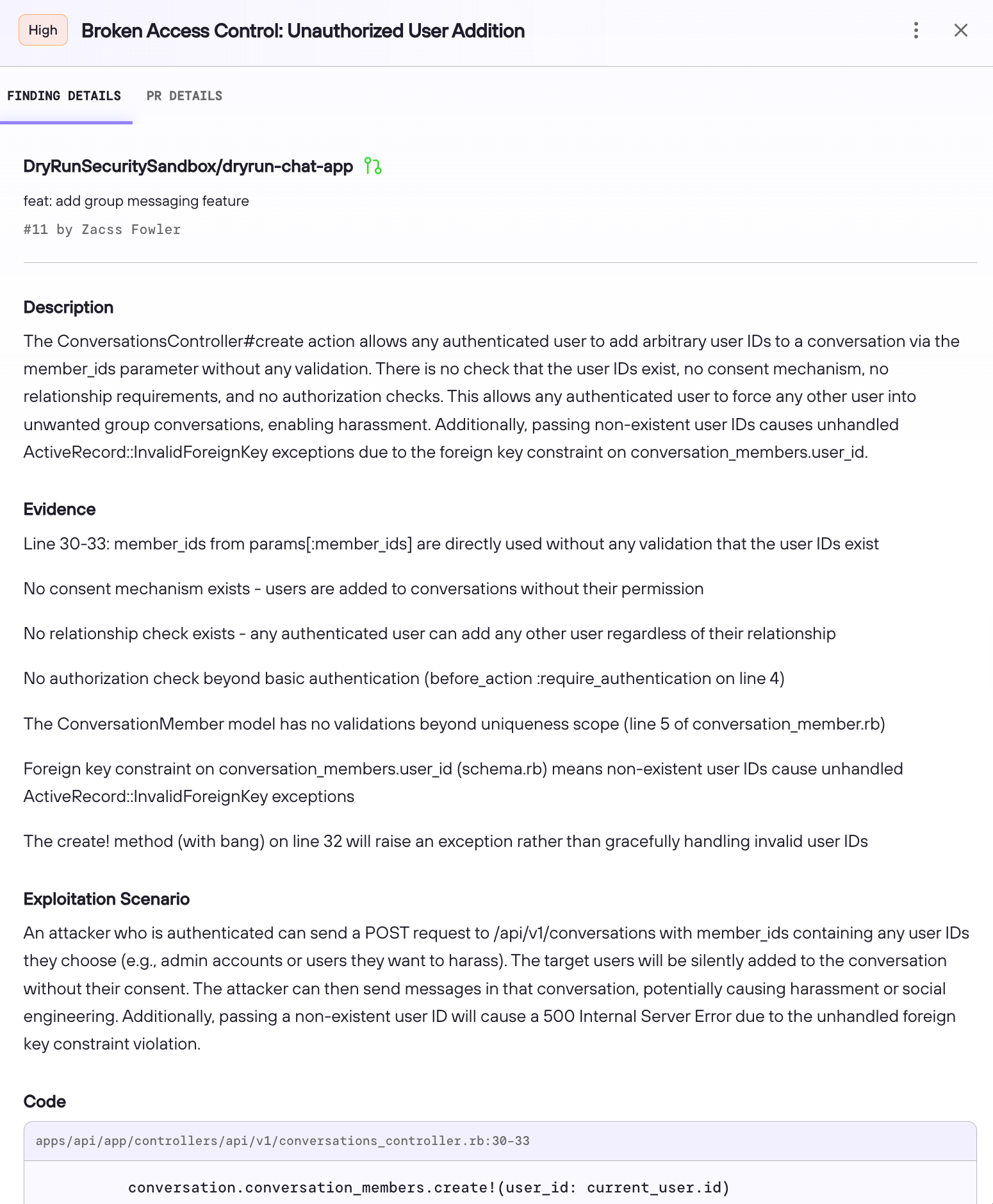 DryRun Security finding details showing missing authorization checks, code evidence, and an exploitation scenario.