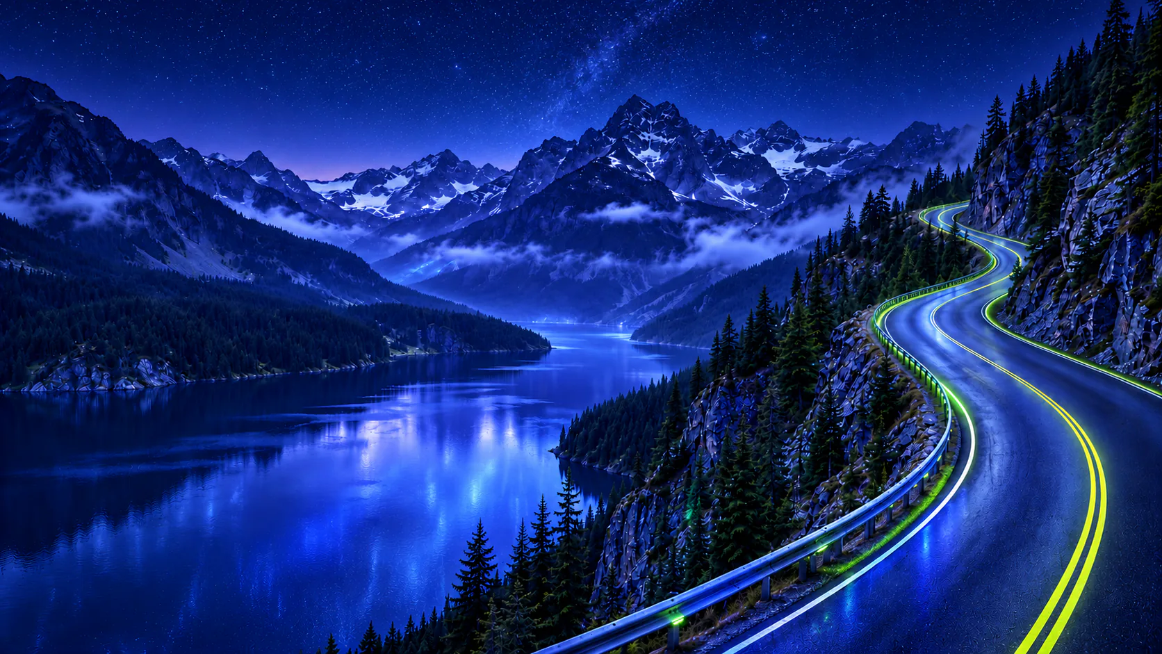A winding road beside a blue alpine lake beneath a natural starry night sky