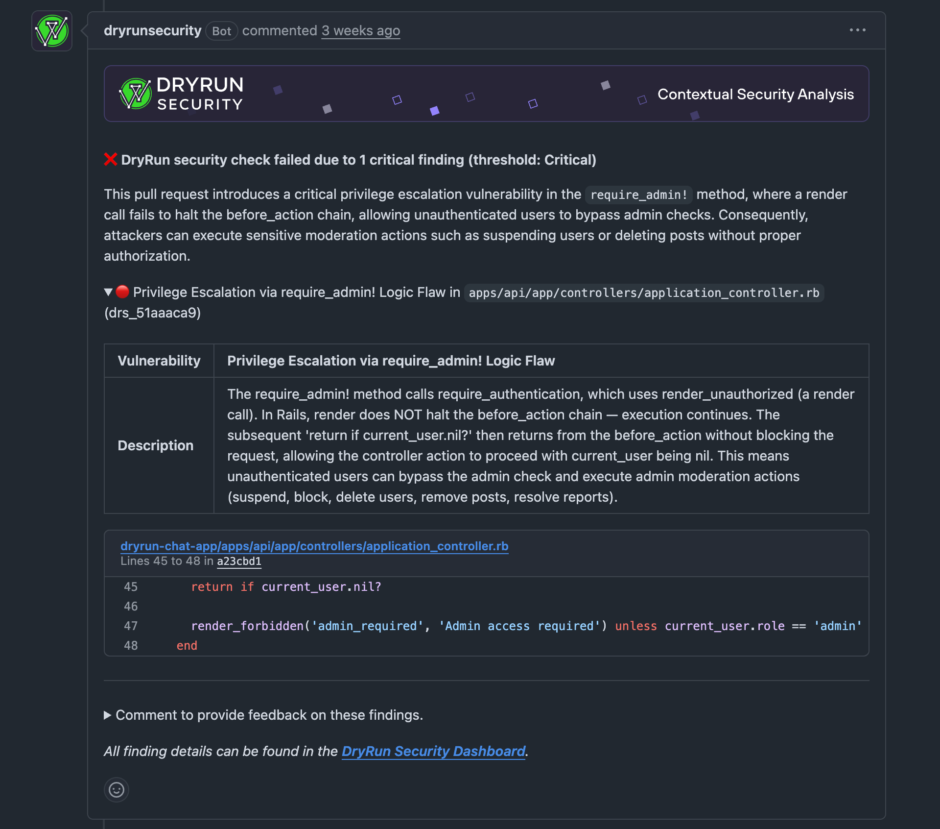 Expanded DryRun Security GitHub comment explaining a critical privilege escalation finding with its description and source code evidence.