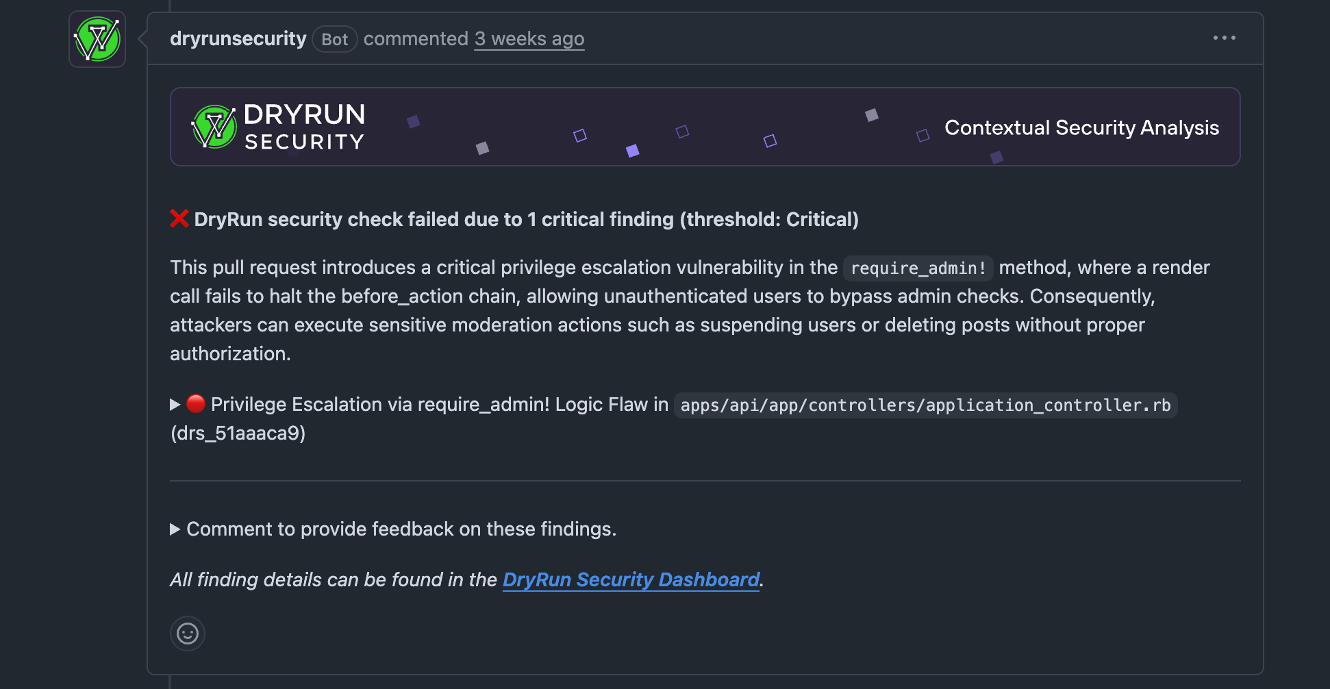 DryRun Security GitHub comment reporting a failed security check for one critical privilege escalation finding at the configured Critical threshold.