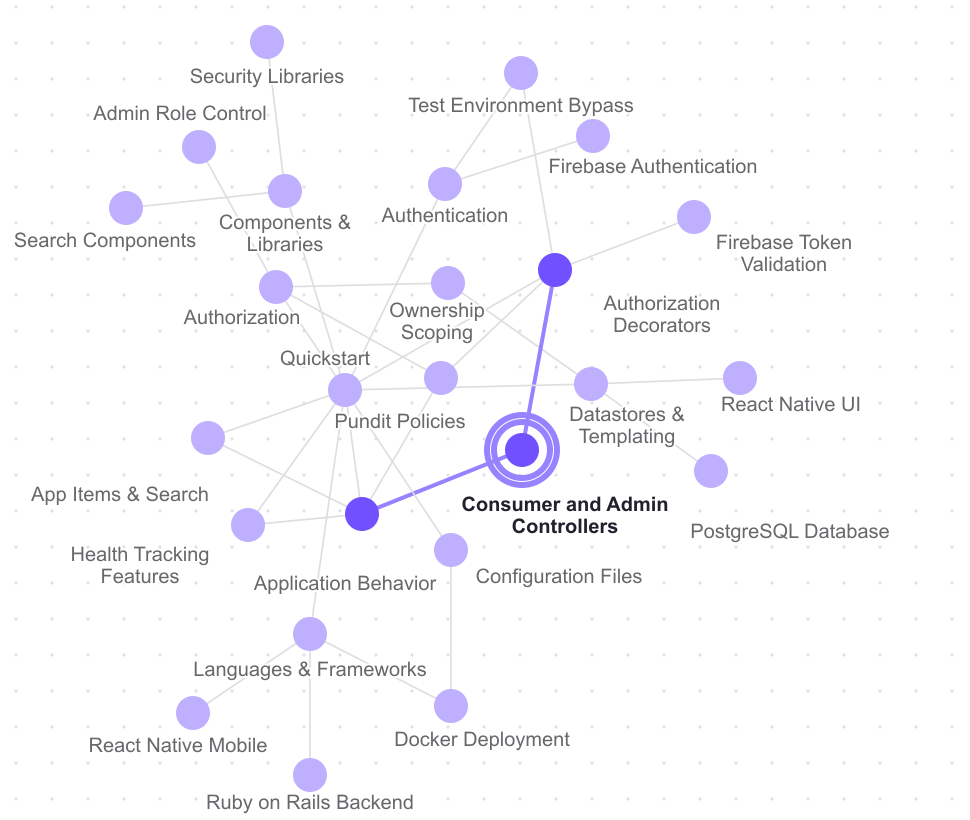 DryRun Security context graph with application controllers selected and its connected nodes highlighted.